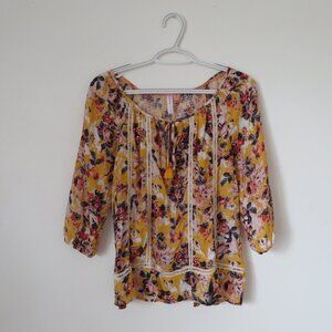 Xhilaration Yellow Floral Hippie Bohemian Peasant Blouse Size XS
